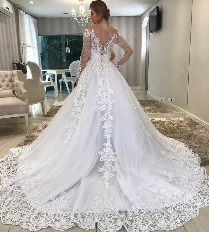 Bmbride Vintage Train A-Line Sweetheart Off-the-Shoulder Long Sleeve Wedding Dress with Appliques Lace and Sequins