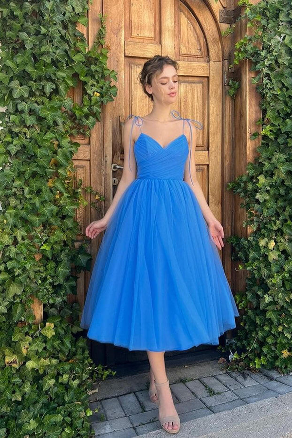 Blue Spaghetti-Straps Sweetheart Short Prom Dress