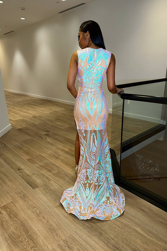 Fantasy Evening Dress with Sequins Side Split Sleeveless V Neck