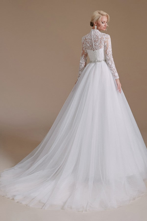 Bmbride A-line High Neck Long Sleeves Tulle Lace Wedding Dress