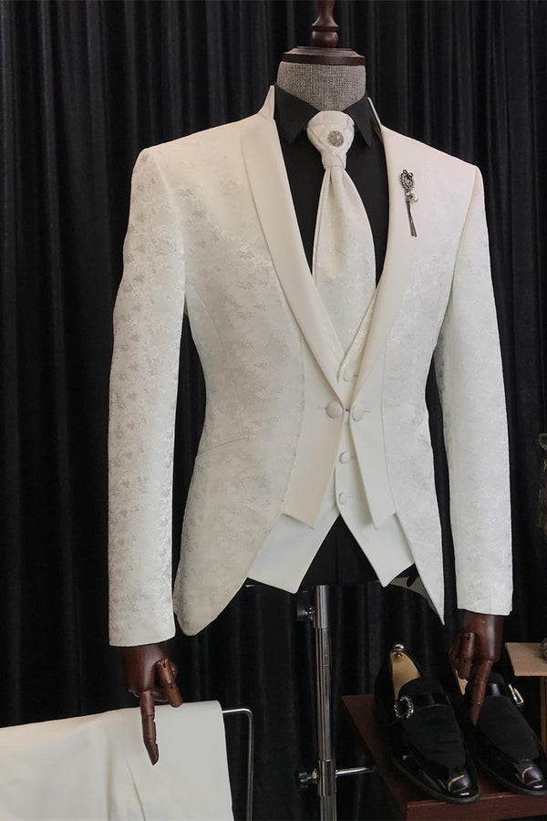 Koscy Christian White Jacquard Three-Piece Wedding Suit with Unique Lapel