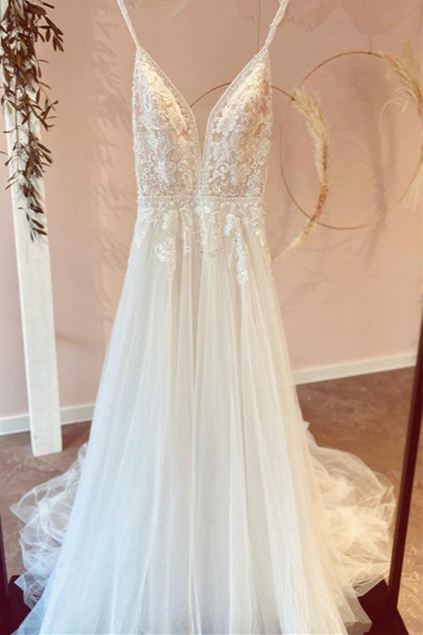 Bmbride MT077 Modest Long A-line V-neck Spaghetti Straps Tulle Wedding Dress with Appliques Lace