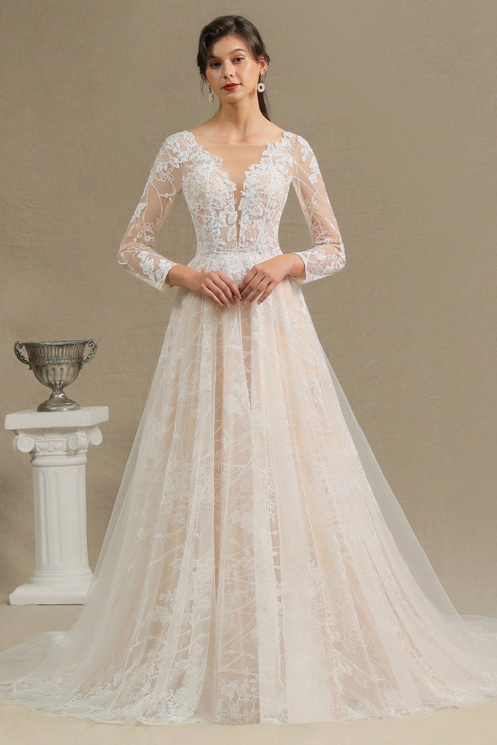 Bmbride Sheer Tulle Long Sleeve A-line Illusion Lace Wedding Dress - CPH230