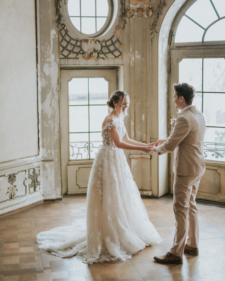 Bmbride Long A-line Boho Wedding Dress with Tulle and Lace Appliques