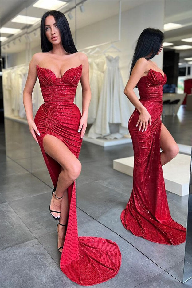 Sleeveless Burgundy Long Sequins Mermaid Prom Dress With Split