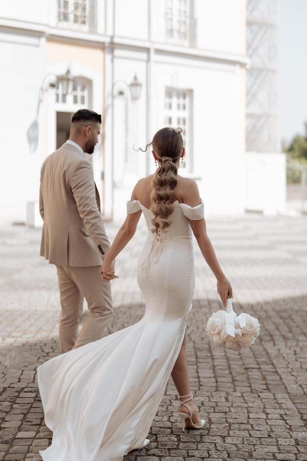 Bmbride Elegant Mermaid Off-the-Shoulder Satin Wedding Dress with Slit