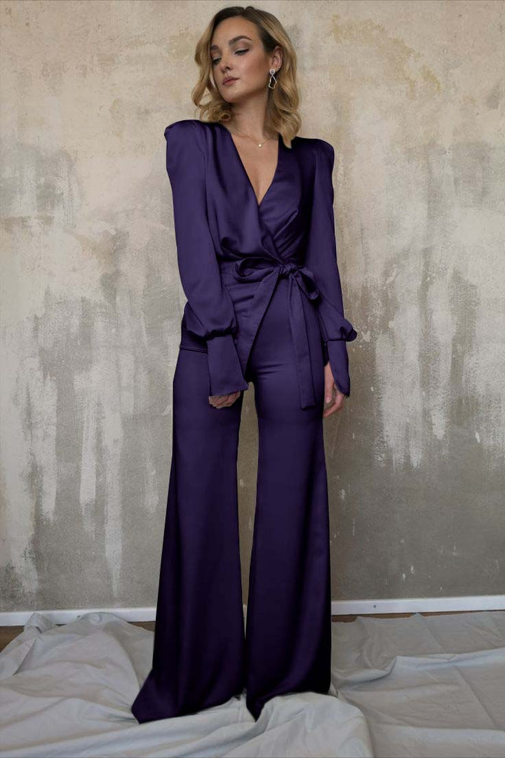 Koscy Charming Long Sleeves White V-Neck Long Jump Suit With Belt