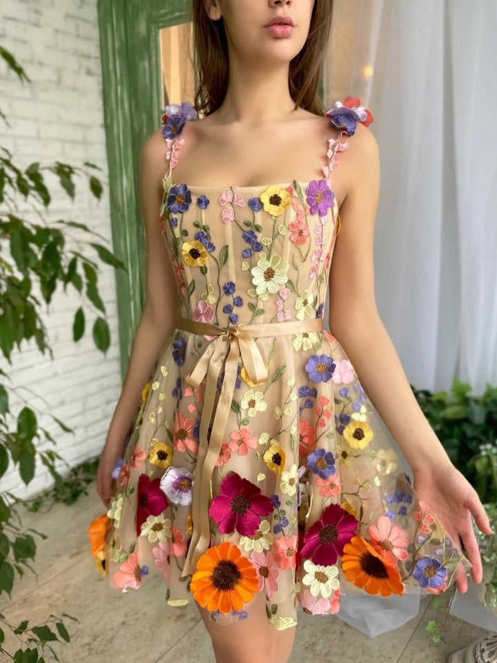 Koscy A Line Floral Short Homecoming Dress With 3D Flowers