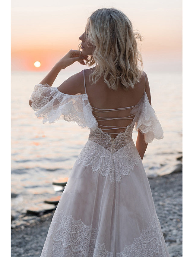 Bmbride V Neck A-Line Wedding Dress with Sweep Train and Illusion Backless Detail