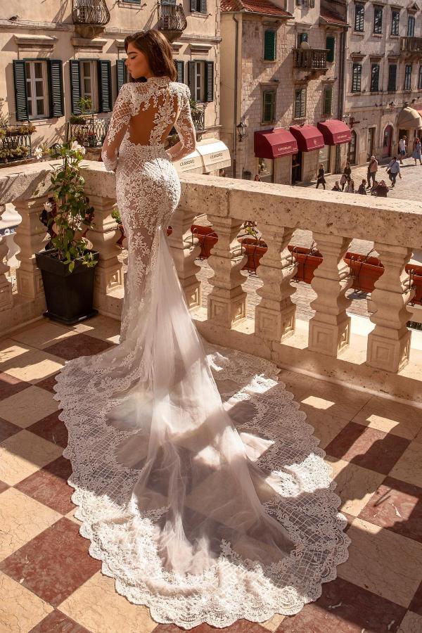 Bmbride Sophisticated Long Mermaid High Neck Tulle Lace Wedding Gowns with Sleeves