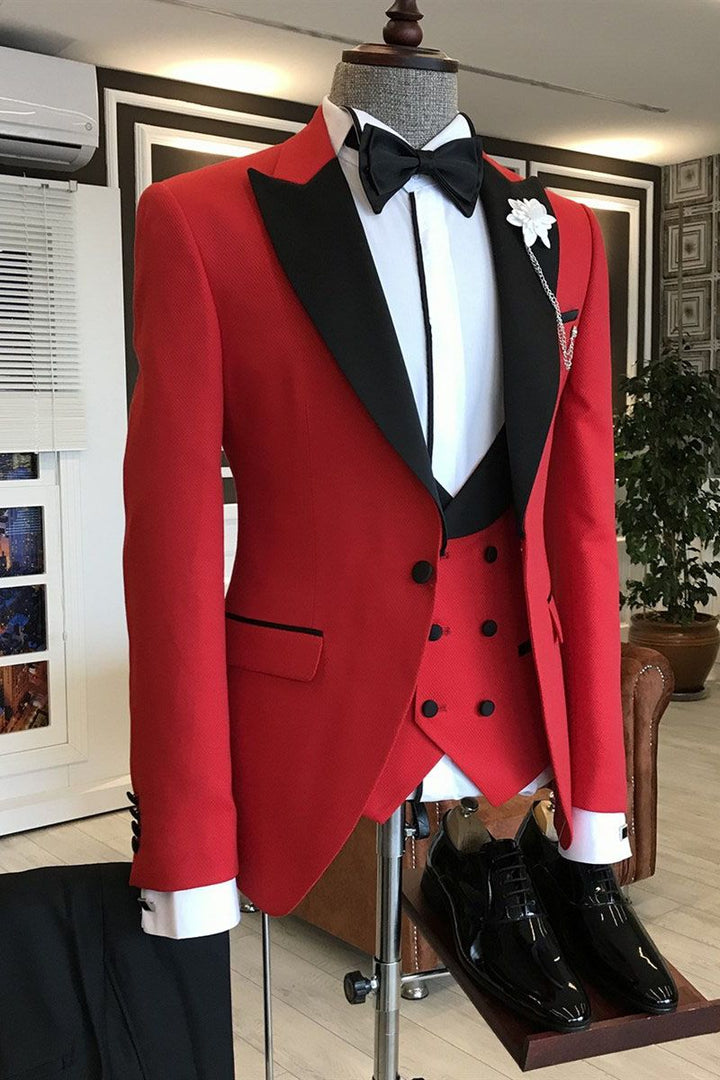 Koscy Popular Red Three-Piece Wedding Suit with Black Peaked Lapel for