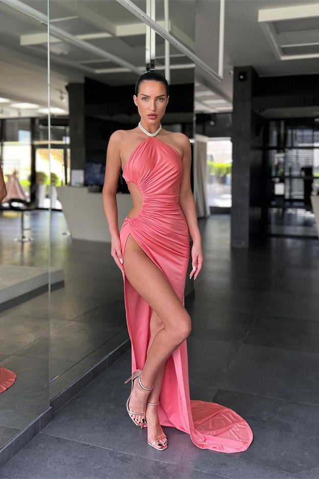 Online Pink Halter Sleeveless Mermaid Prom Dress Long Split