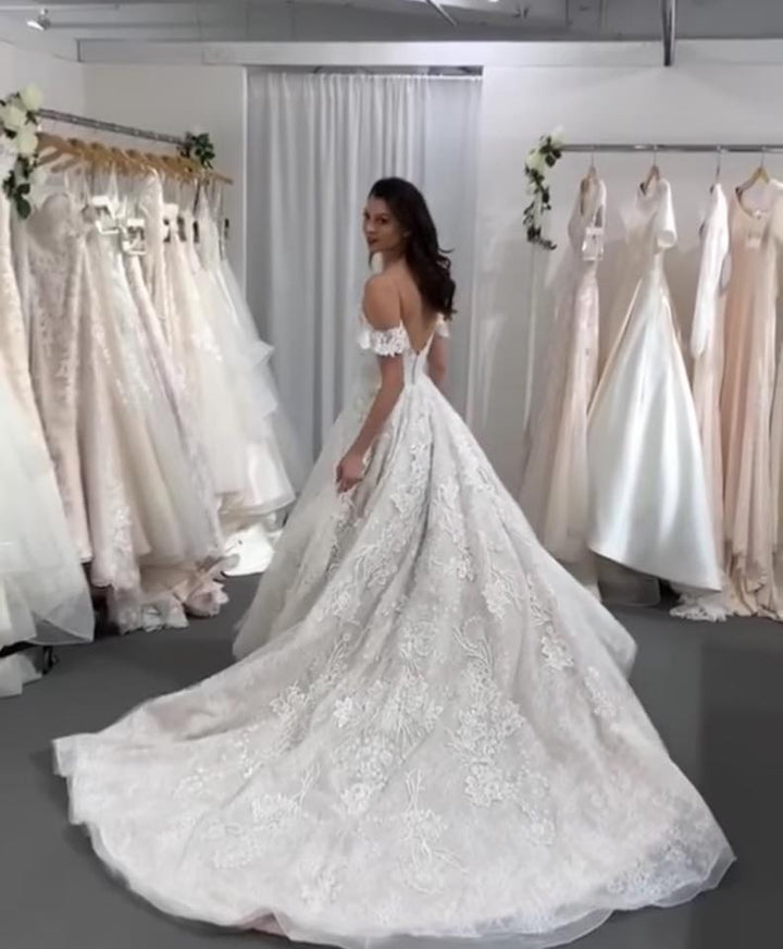 Bmbride Long A-line Spaghetti Straps Tulle Lace Backless Wedding Dress