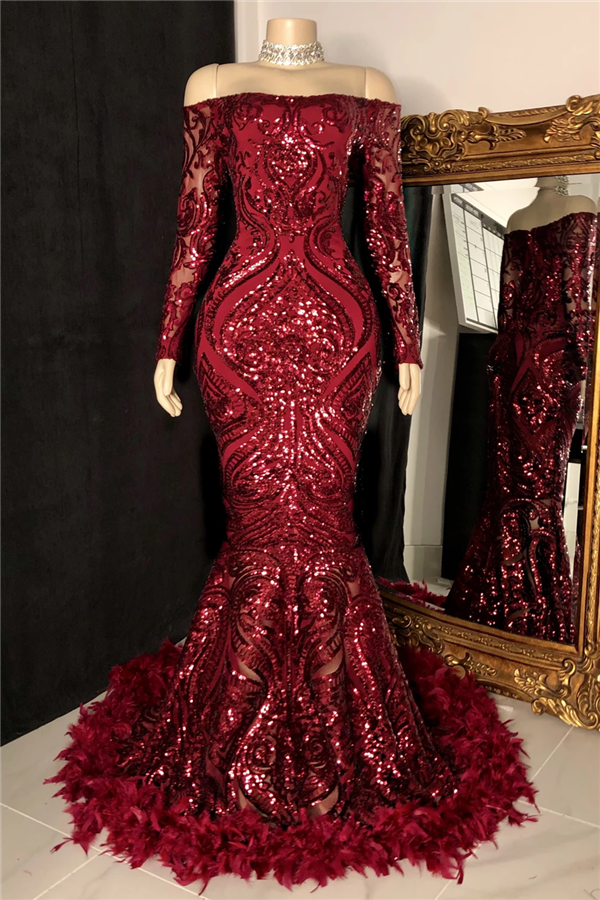 Burgundy Mermaid Prom Dress with Long Sleeves Sequins and Feather