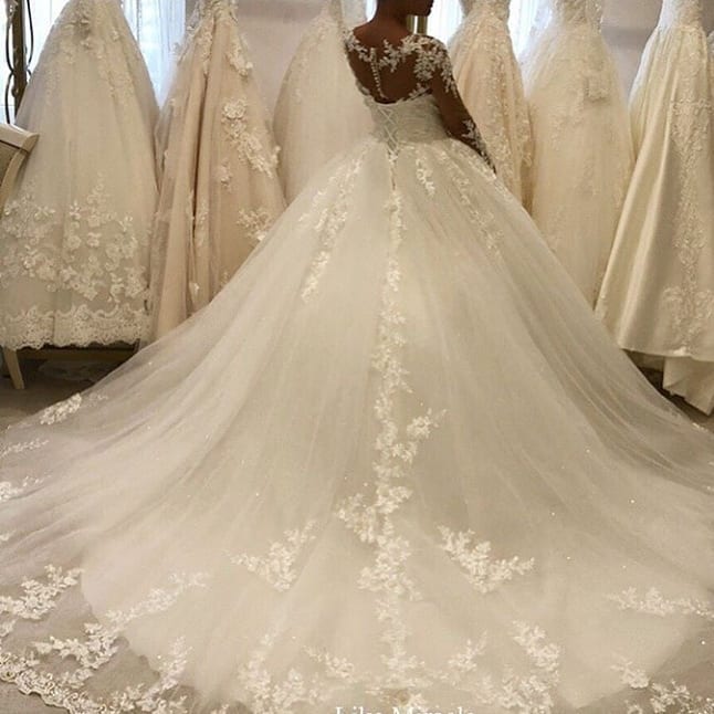 Bmbride A-Line Bateau Long Sleeve Appliques Lace Ruffles Tulle Wedding Dress