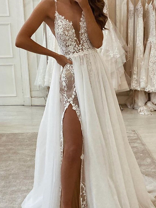 Bmbride A-Line Wedding Dresses with V Neck Spaghetti Strap Sweep Train Tulle Polyester Sleeveless Plus Size