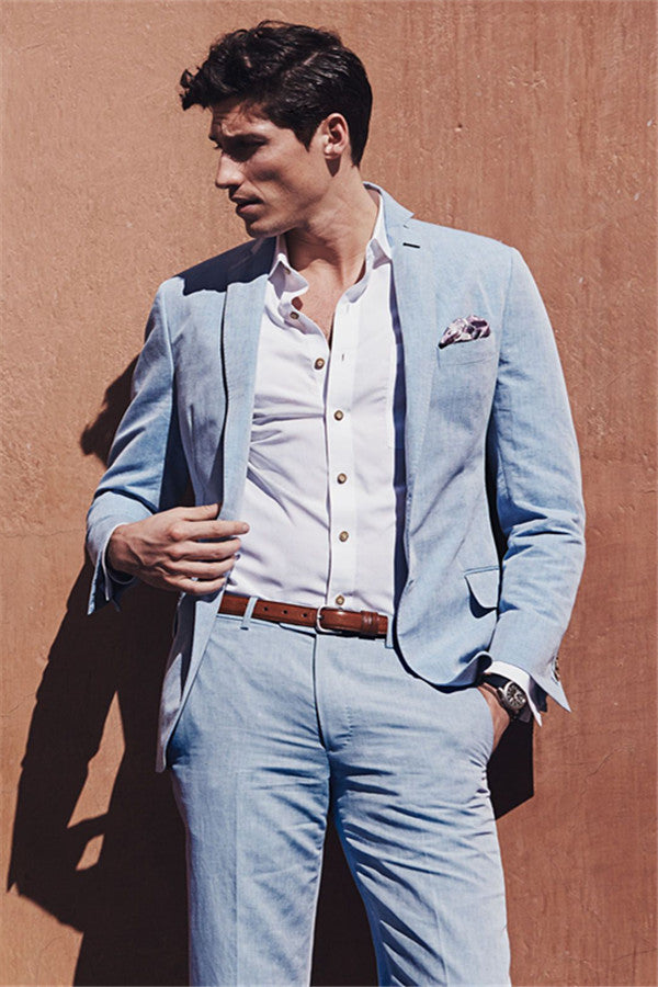Koscy Fashionable Sky Blue Linen Summer Beach Wedding Suit for Men’s Parties