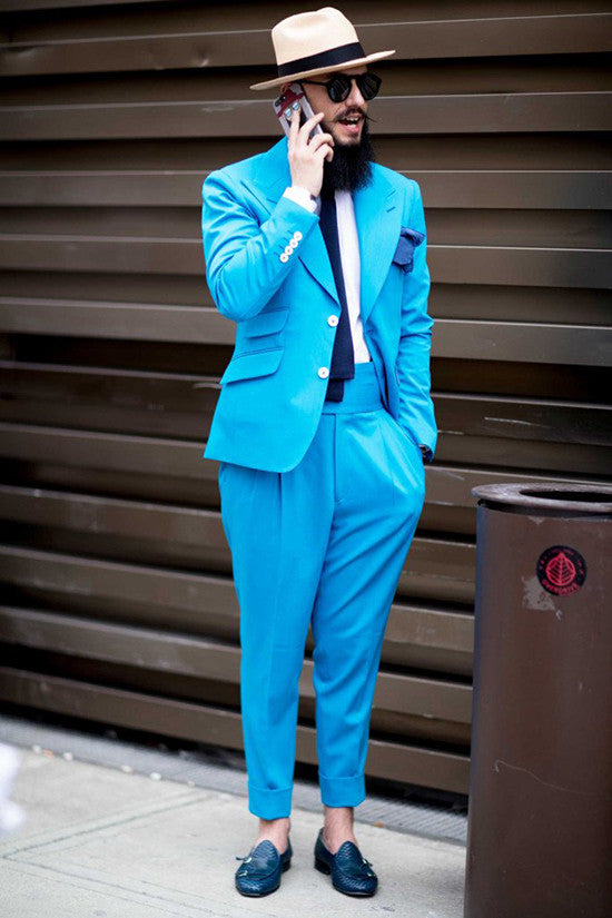 Koscy Ocean Blue Designer Wedding Suit with Peaked Lapel for Men’s Party