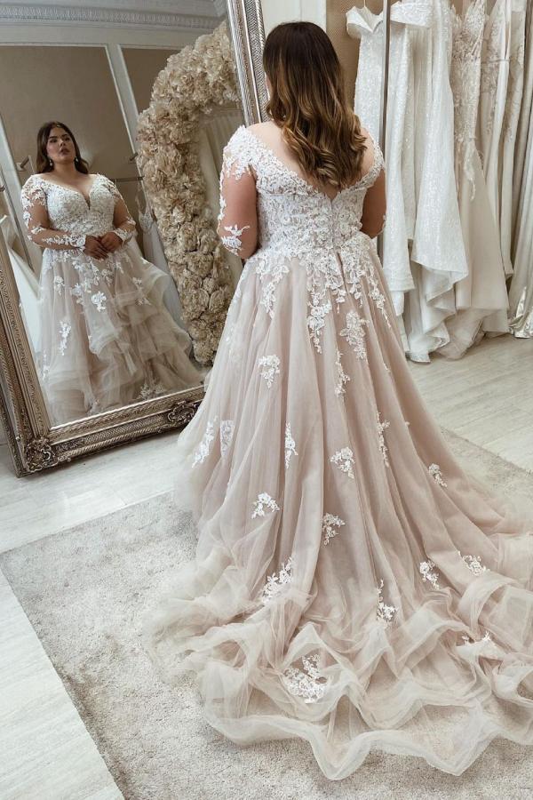 Bmbride Plus Size A-Line Sweetheart Wedding Dresses with Lace Sleeves