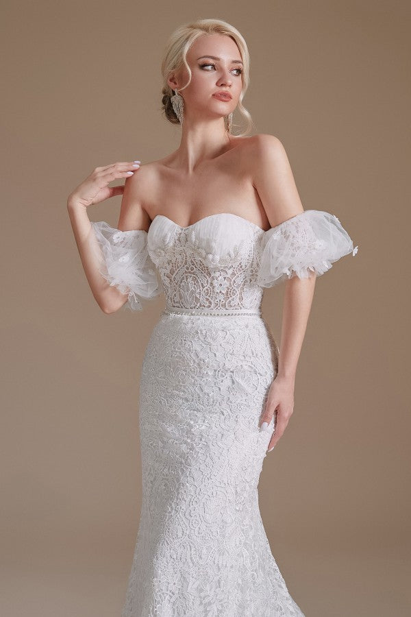 Bmbride Gorgeous Long Mermaid Sweetheart Lace Wedding Dresses with Removable Sleeves