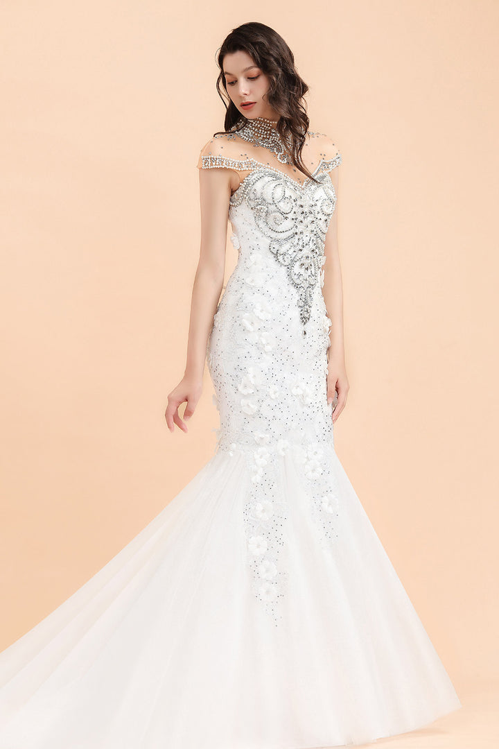 Bmbride Crystal Beads Tulle Mermaid Wedding Dress with Appliques