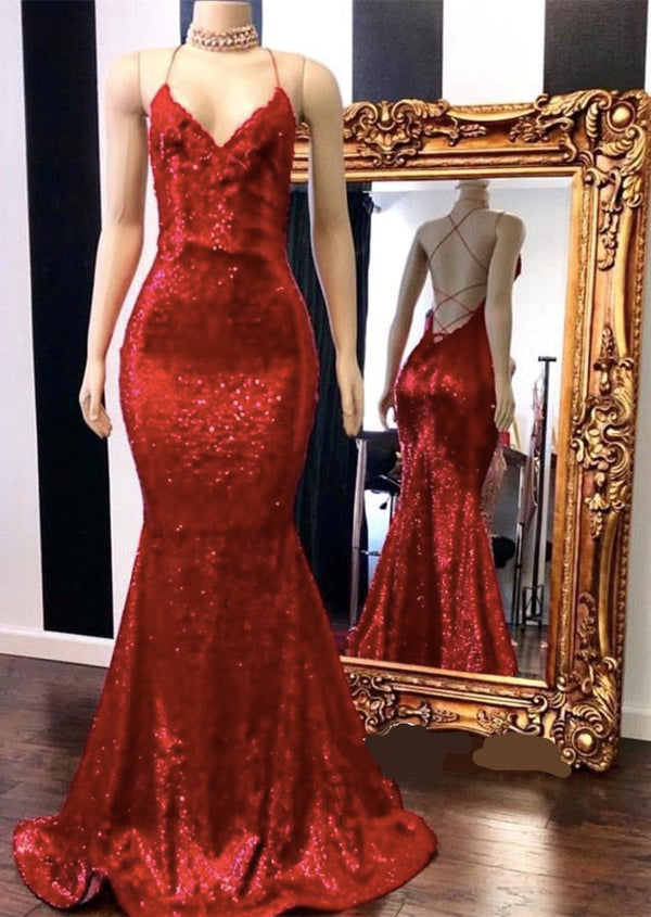 Mermaid Long Prom Dress With Sequins Red Spaghetti Straps