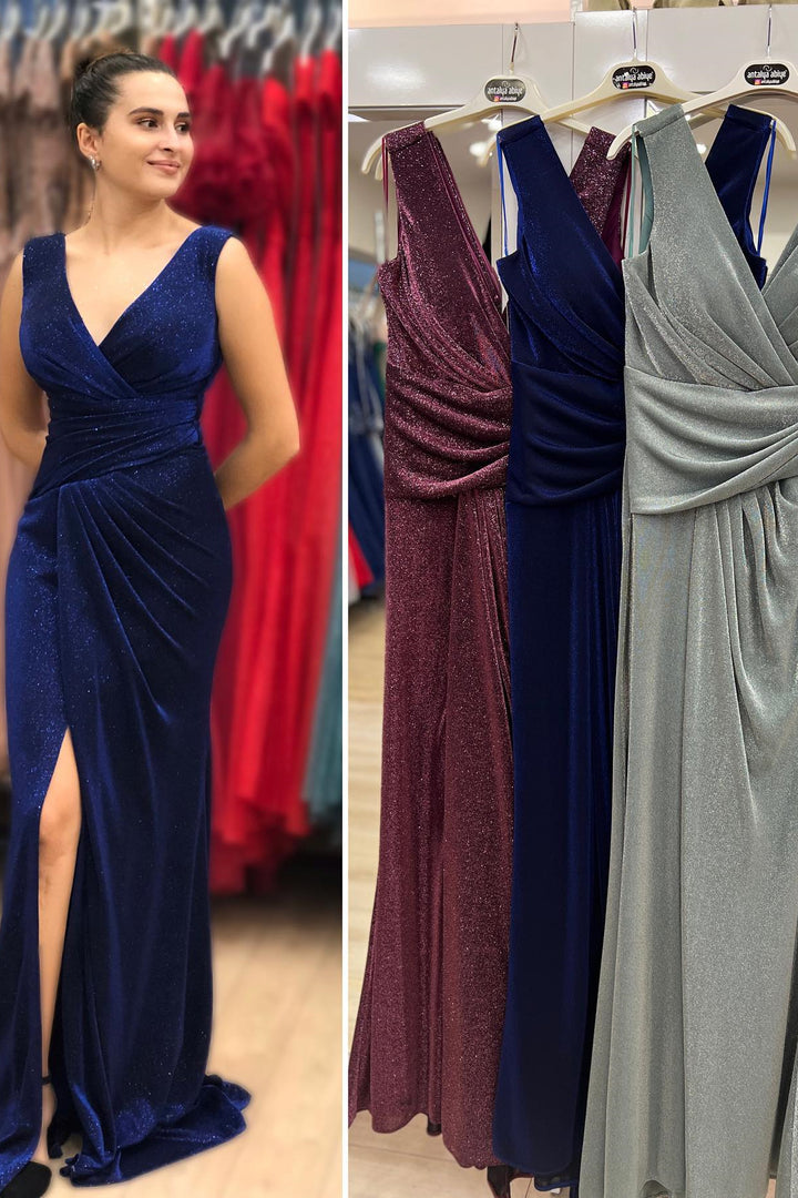 Vintage Blue V-Neck Mermaid Prom Dress With Split
