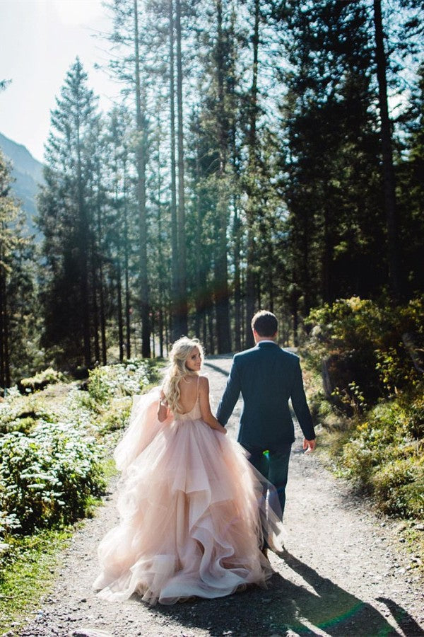Bmbride Gorgeous Long Ball Gown V-neck Tulle Backless Bridal Gowns