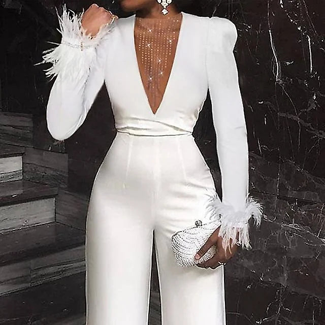 Koscy Charming V-Neck Feather White Sequins Long Sleeves Jump Suit