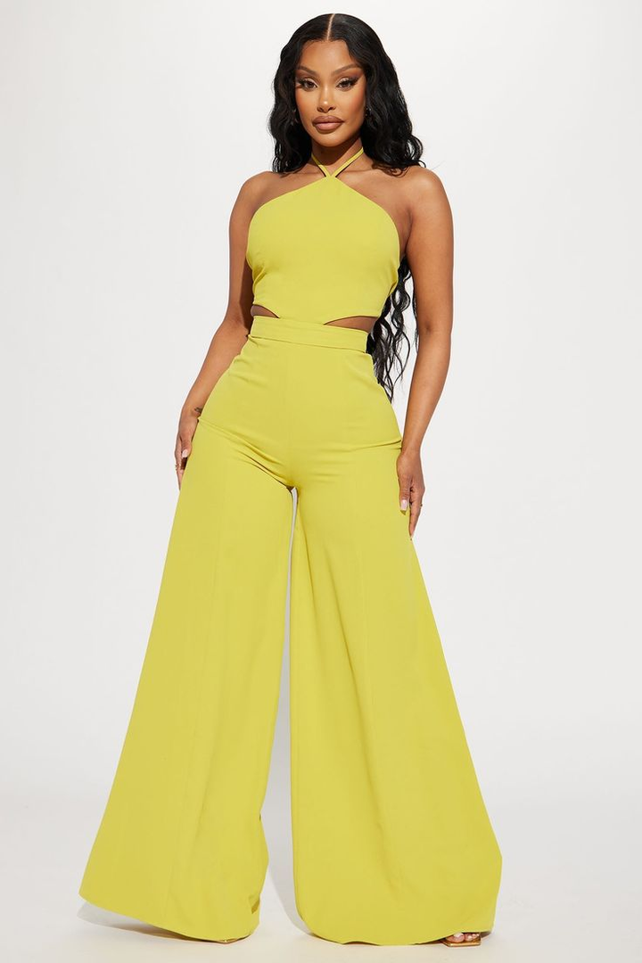 Koscy Fashion Light Yellow Halter Strapless Wide-Leg Jump Suit