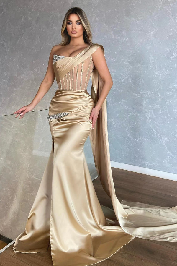 Stunning Champagne One Shoulder Sleeveless Mermaid Prom Dress With Slit Ruffles