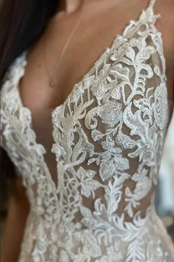 Bmbride Elegant Long A-line V-neck Tulle Lace Backless Bridal Gowns