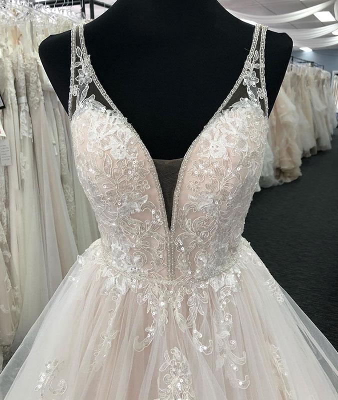 Bmbride Long Layered Wedding Dress with Tulle V Neck and Open Back