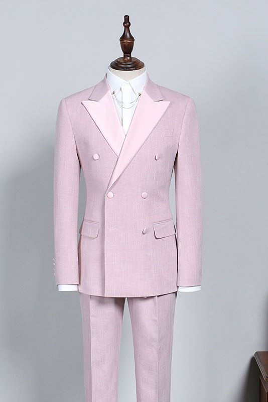 Koscy New Double-Breasted Pink Reception Suit with Peaked Lapel for Men