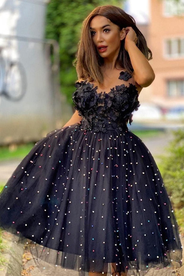 Koscy A-Line Beaded Tulle Homecoming Dress with Flowers