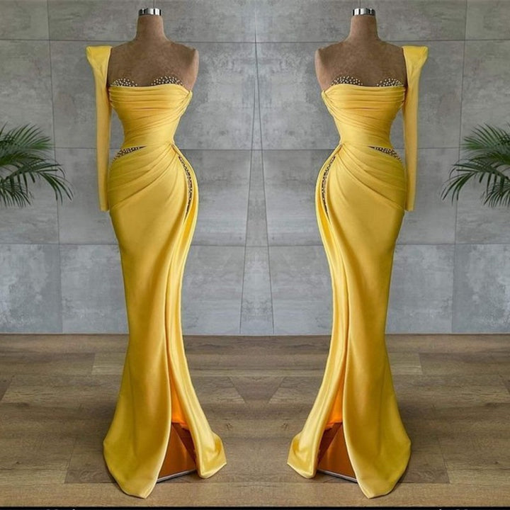 Yellow Asymmetrical Prom Dress With Beads