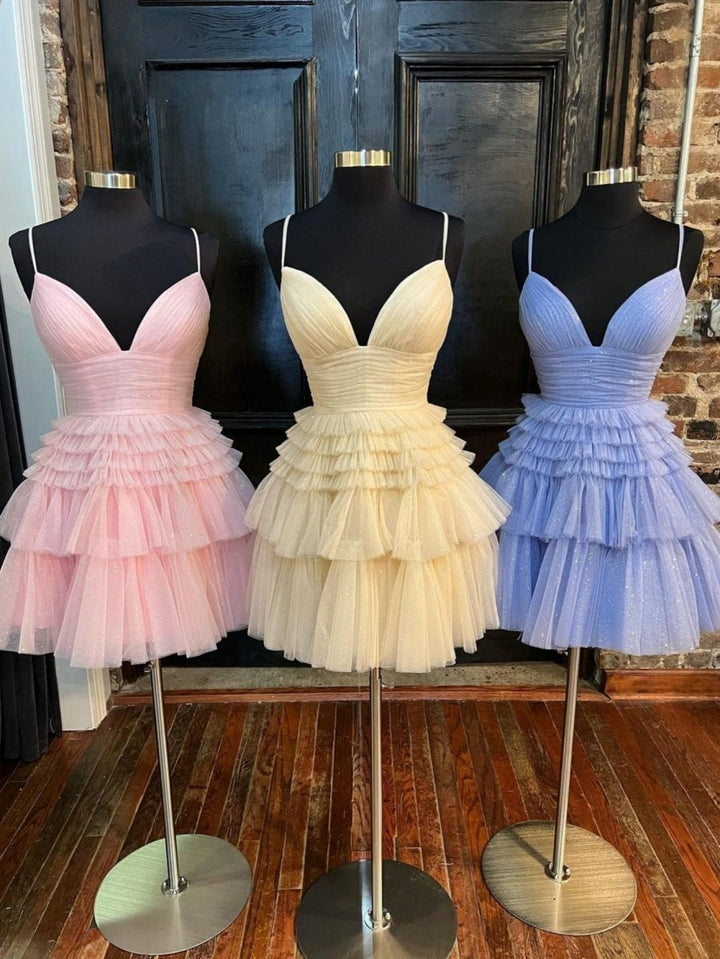Koscy A-Line Deep V Neck Tiered Short Homecoming Dress