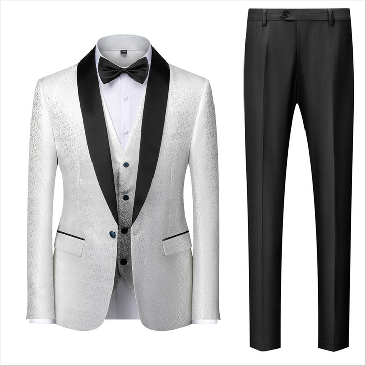 Koscy Elegant Black and White Satin Shawl Lapel Prom Suit with Jacquard