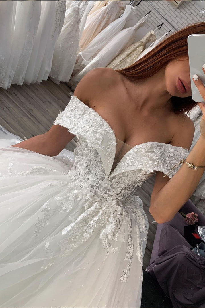 Bmbride Shiny Lace Sweetheart Off The Shoulder Ball Gown Wedding Dress
