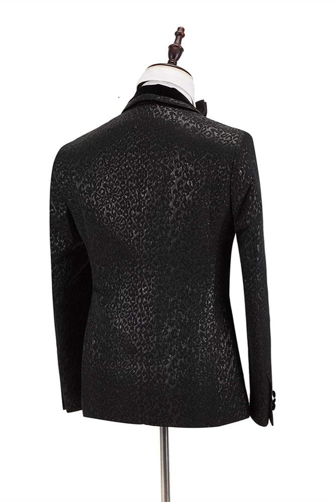 Koscy Classic Black Jacquard Velvet Lapel Blazer with Double-Breasted Design for Groom