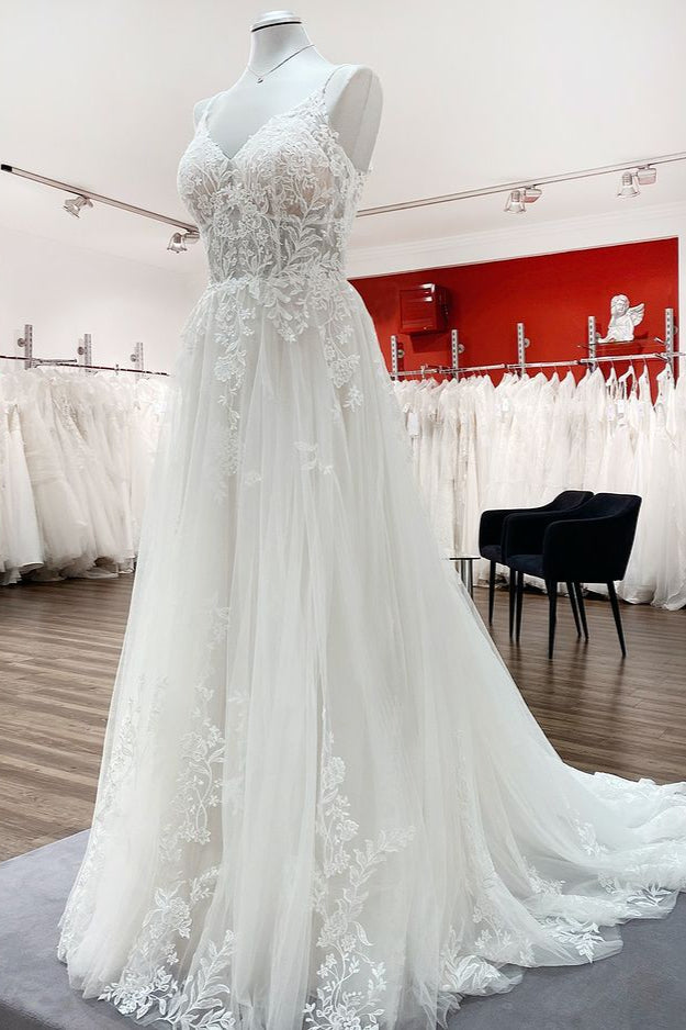 Bmbride Elegant Long A-Line V-Neck Tulle Spaghetti Straps Lace Bridal Gown