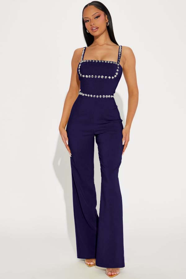 Koscy Fashion Green Square Neck Spaghetti-Straps Slim Fit Jump Suit
