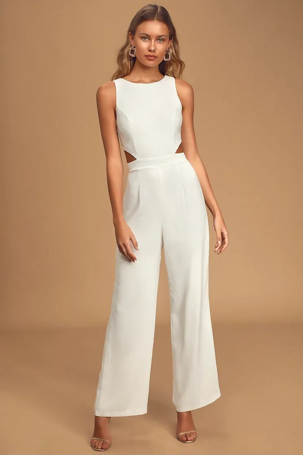 Koscy Distinctive White Crew-Neck Wide-Leg Daily Women's Jump Suit