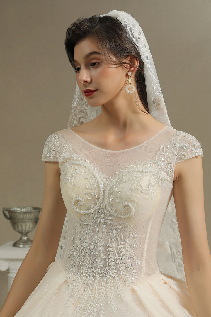 Bmbride Cap Sleeve Aline Cathedral Tulle Lace Appliques Garden Luxury Bridal Gowns