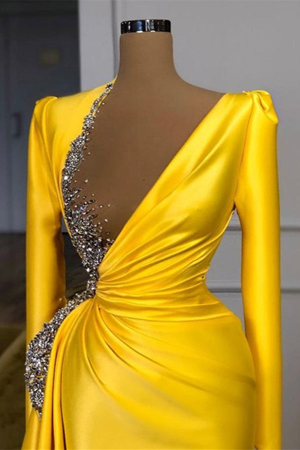 Yellow Prom Dress with Long Sleeves and Beads Sequins