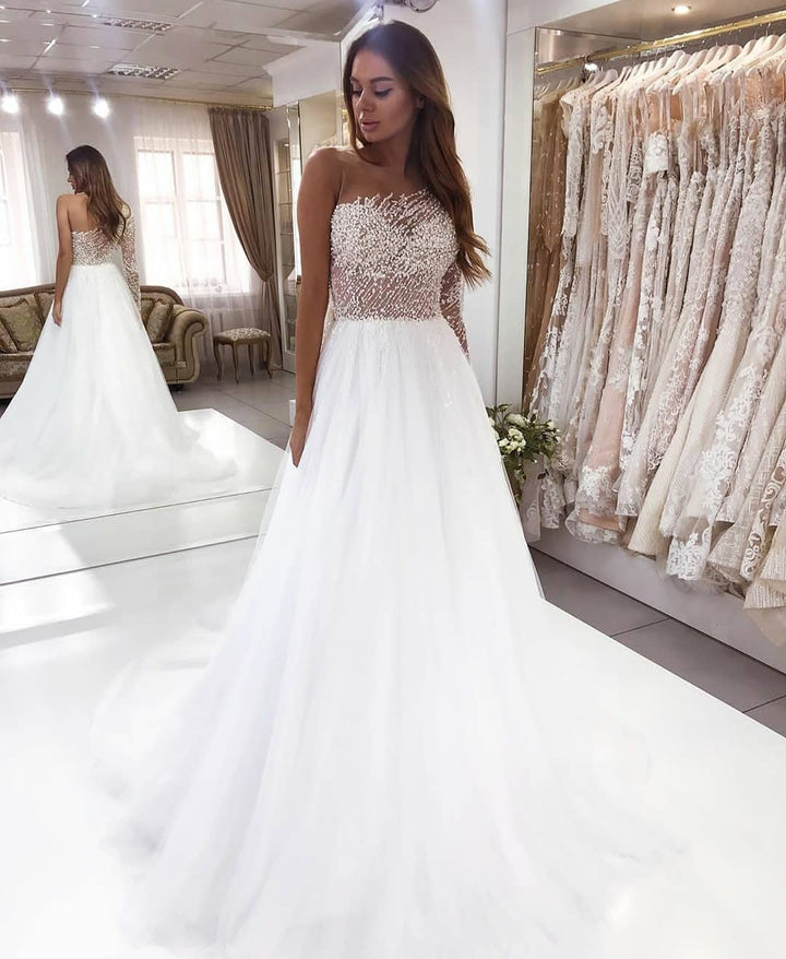 Bmbride Elegant A-Line Bateau Long Sleeve Pearl Lace Floor-length Wedding Dress