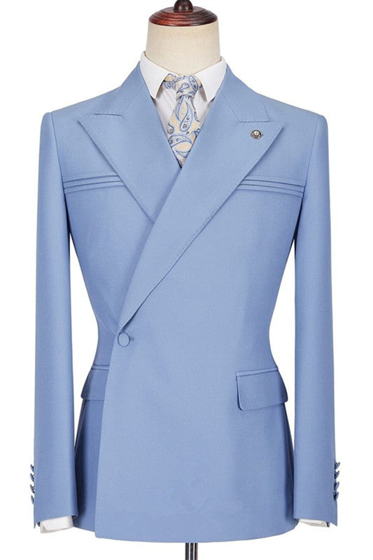 Koscy Stylish Blue Casual Prom Suit with Peaked Lapel and Ruffles for Men