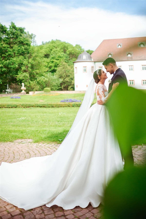 Bmbride Elegant Garden A-line Sweetheart Long Sleeves Chapel Train Satin Wedding Dress