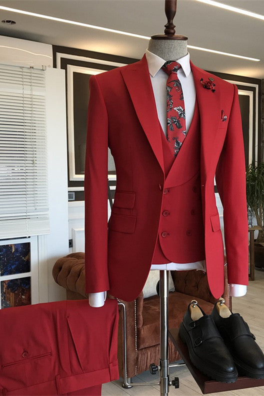 Koscy New Red Three-Piece Suit with Peaked Lapel for Men's Wedding