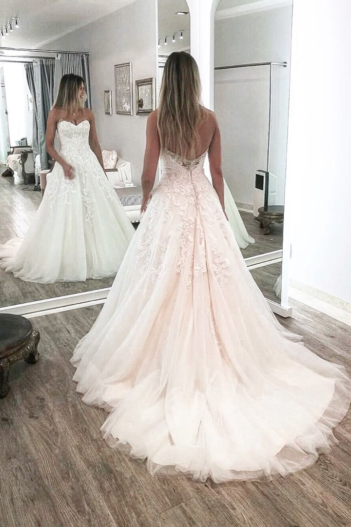 Bmbride Long A-line Sweetheart Tulle Wedding Dress with Appliques Lace